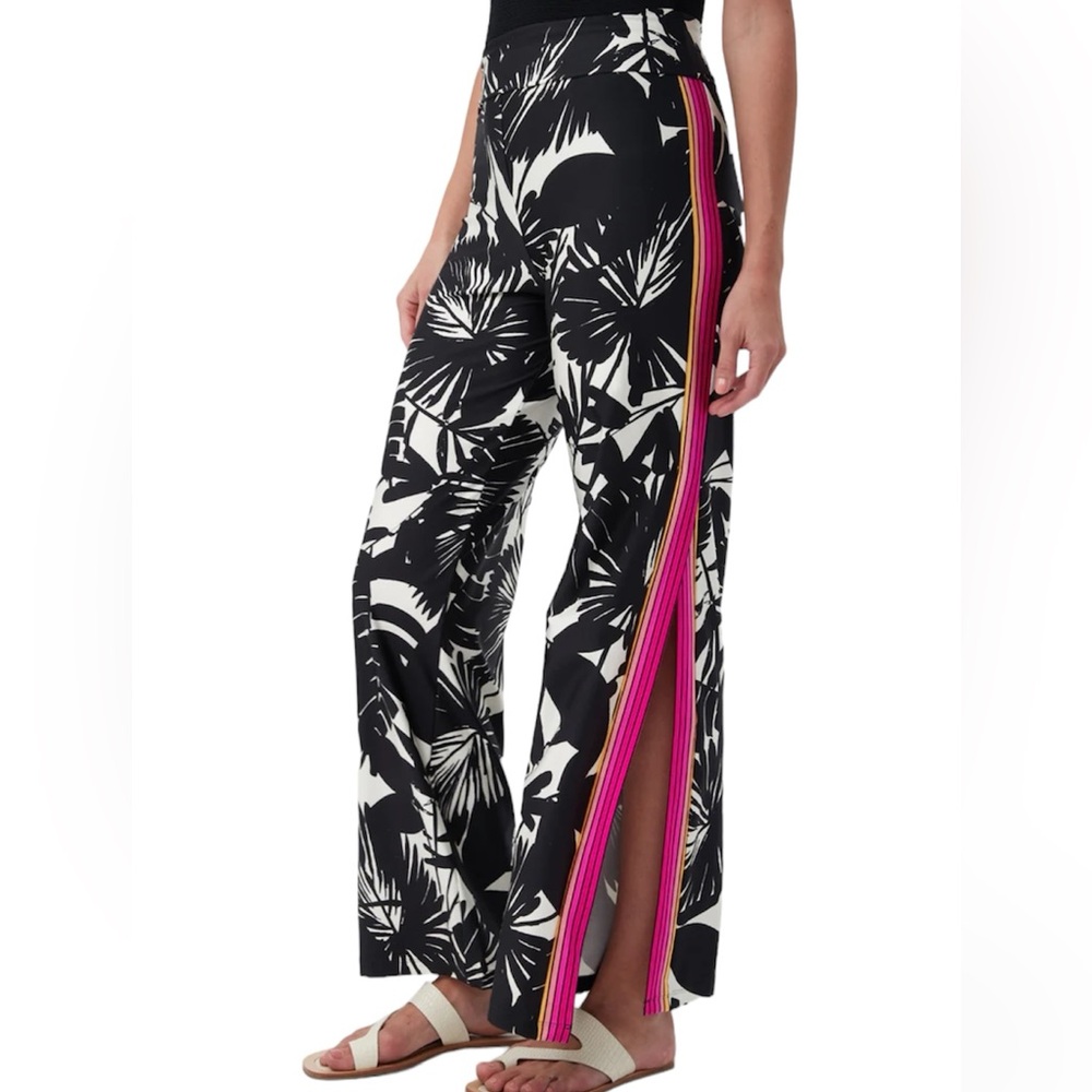 Trina Turk Lennox Palm Print Side Slit Swim Cover Up Pants Black White Pink M